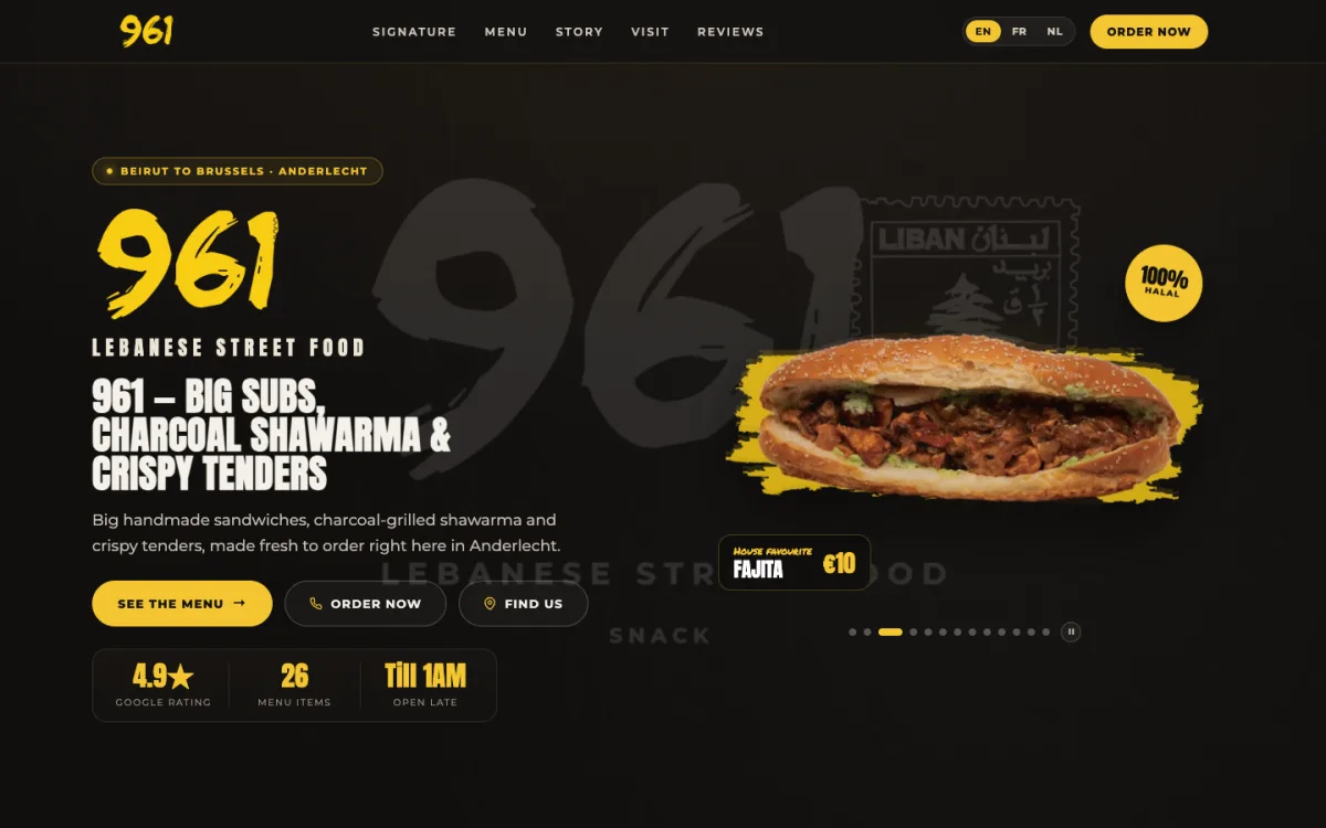 Homepage of the 961 Lebanese Street Food website showing its menu-led visual identity.