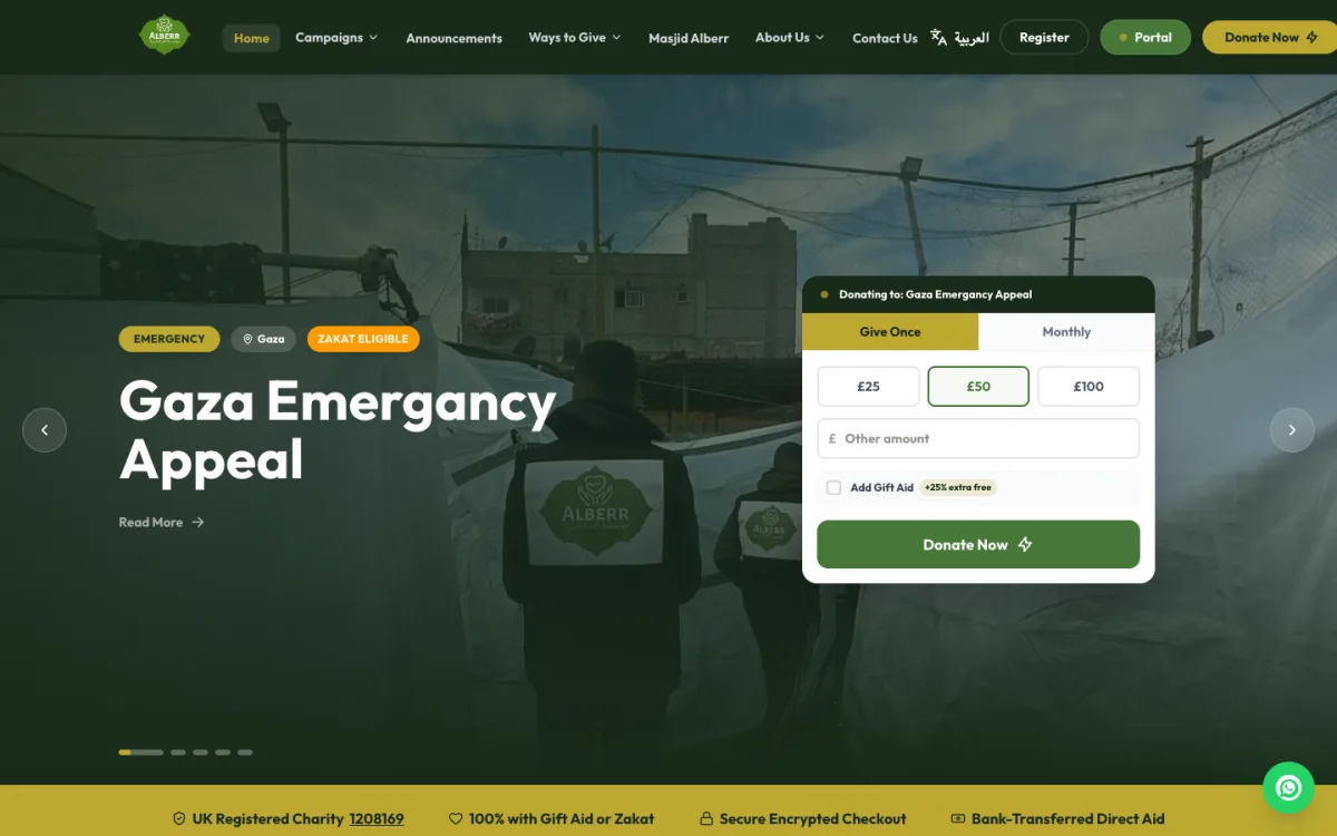 Homepage of the Alberr Charity Foundation website showing a featured emergency appeal and donation form.