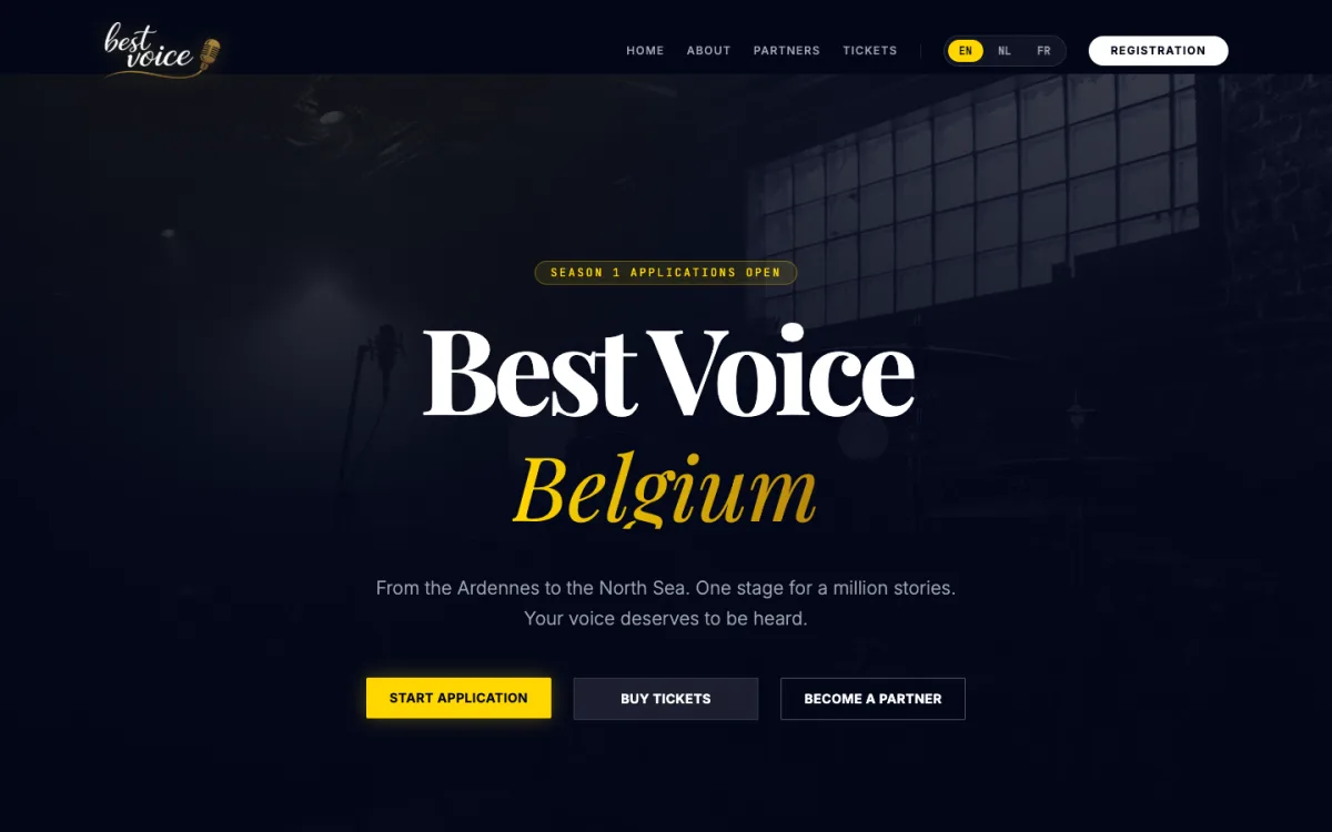 Homepage of the Best Voice Belgium talent competition website.