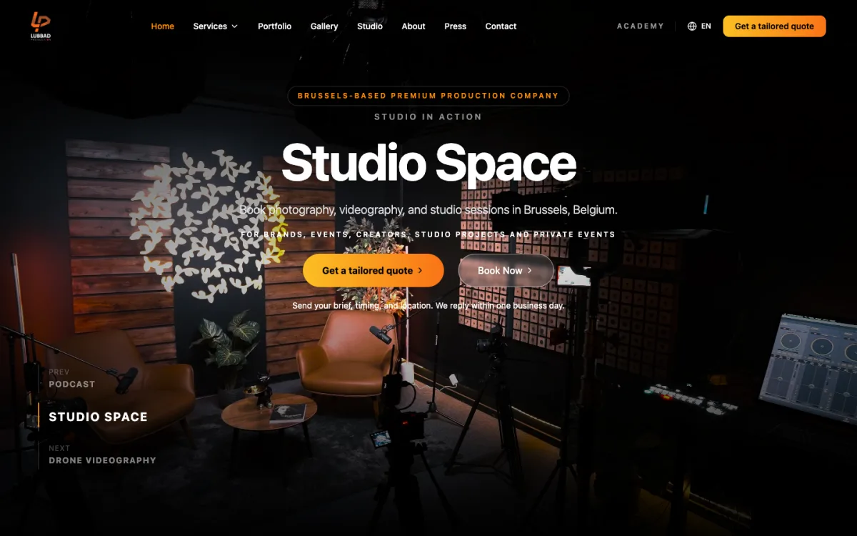 Homepage of the Lubbad Production website showing its Brussels studio.
