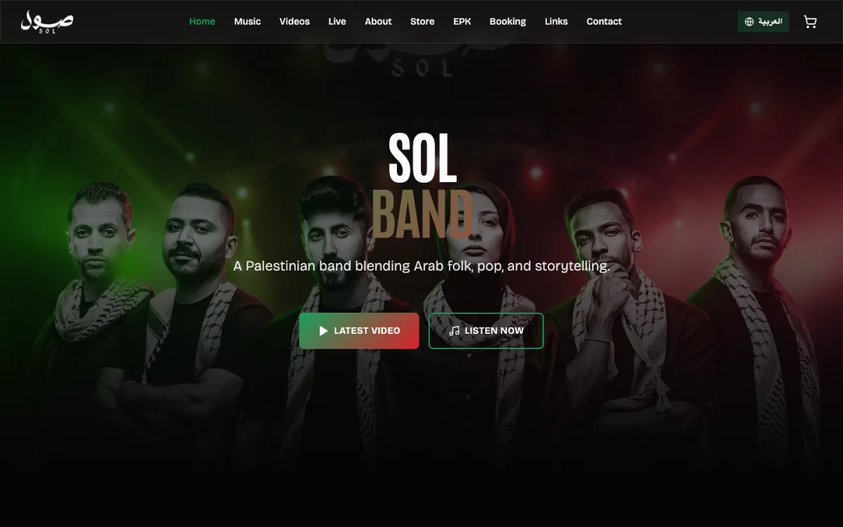 Homepage of the SOL Band website showing the band performing on stage.